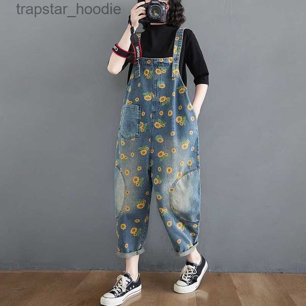 Damen-Overall, Strampler, #1423, Vintage-Denim-Overall, Damen-Overall mit Sonnenblumen-Aufdruck, weites Bein, Damen-Overall, Retro, ärmellos, Damen-Overall, locker, L230921