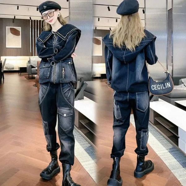 Frauen Zweiteilige Hosen Frühling Herbst Niet Denim Hosen Mode Set Lose Oversize Mit Kapuze Zipper Jacke Jeans Anzüge Damen