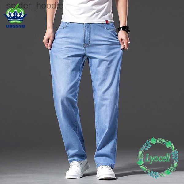 Jeans masculinos homens jeans clássico verão lyocell algodão reto estiramento marca denim calças macacão luz azul ajuste calças plus size 40 42 44 46 l230921