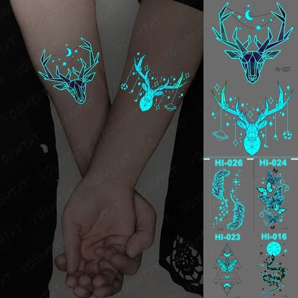 Outros suprimentos de tatuagem 5 pcs luminoso impermeável adesivo temporário chifres pena borboleta cobra brilho flash tatto mulheres homens braço tatuagens falsas 230921