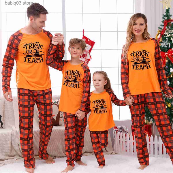 Família combinando roupas novo feliz dia das bruxas família combinando roupas carta impressão manga completa 2 peças terno adultos crianças pijamas conjunto bebê macacão pijamas t230921