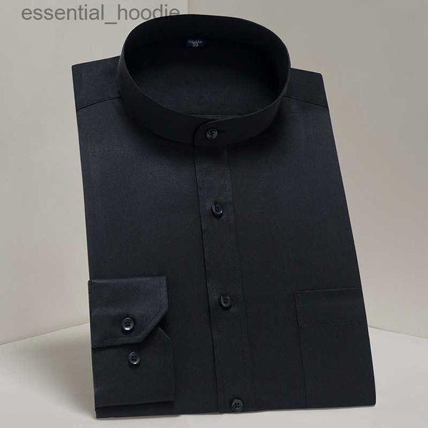 Camisas masculinas de manga comprida com gola (gola mandarim) camisa social com bolso no peito preto/branco camisas casuais inteligentes de ajuste padrão L230921