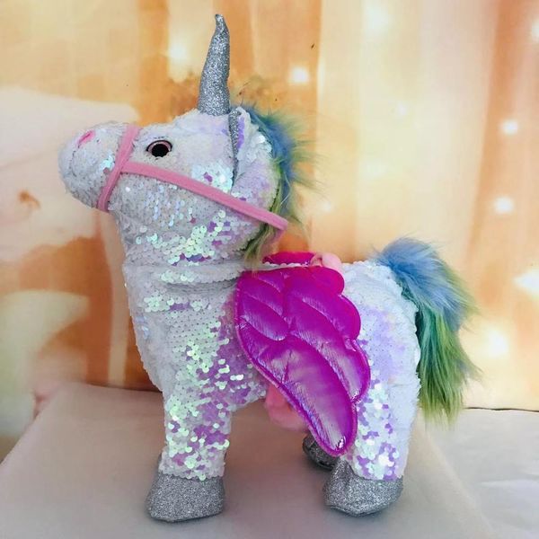 Плюшевые куклы est Cute Sequin Unicorn Электрический ходячий единорог Плюшевые игрушки Мягкая игрушка Электронная музыка Игрушка-единорог для подарка ребенку 230921