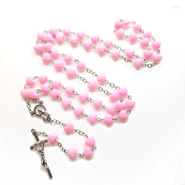 Collane con ciondolo Collana con perline di rosario a cuore rosa Lunga Cristo Gesù per croce Uomo Donna Decorazione di gioielli religiosi Dropship