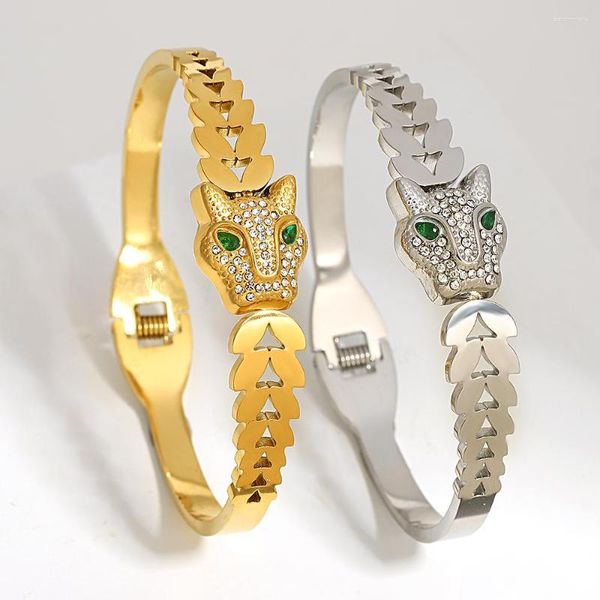 Bangle Greatera requintado strass leopardo cabeça em forma de aço inoxidável pulseiras pulseiras para mulheres banhado a ouro jóias animais 2023