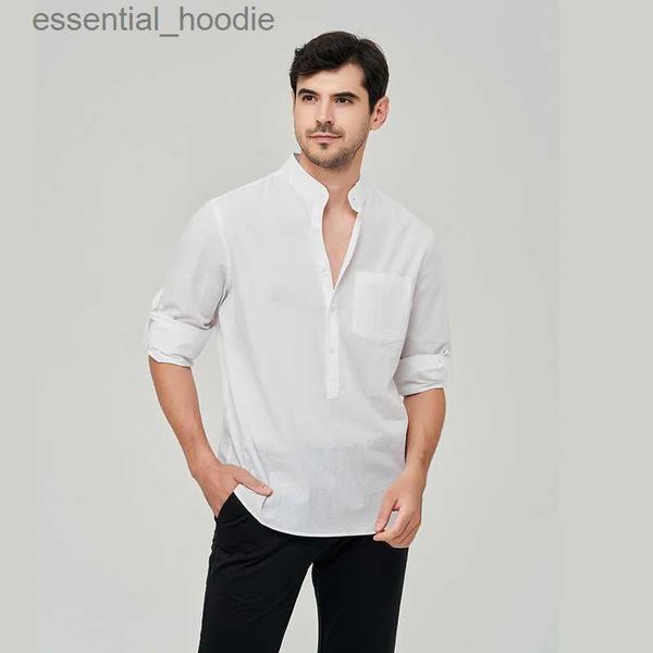 Camisas de vestido masculinas novas camisas de linho de algodão para homens de manga comprida havaiana camisa branca solta tops gola alta casual blusa masculina bonita l230921