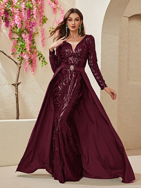 Arabisches Meerjungfrau-Mutterkleid mit langen Ärmeln, luxuriöses, glänzendes Pailletten-Abschlussballkleid für den Nahen Osten, formelles Party-Abschlussballkleid, Blingbling-Abendkleid mit transparentem Halsausschnitt und Pailletten