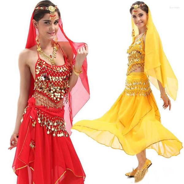 Bühnenkleidung 4-teiliges Set Münze Ägypten Bauchtanzkostüm Bollywood Triba Gypsy Bauchtanzkleid Damen Tanzsets