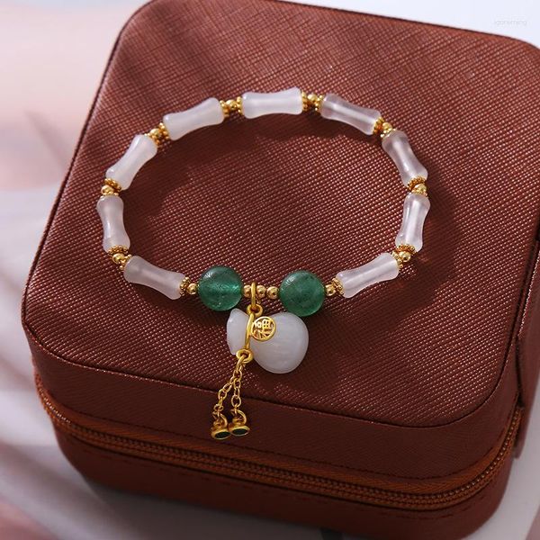 Braccialetti con ciondoli Minar Stile Cinese Ottone Placcato Oro 14K Colore Verde Pietra Naturale Giada Bambù Borsa Portafortuna per Le Donne Regalo