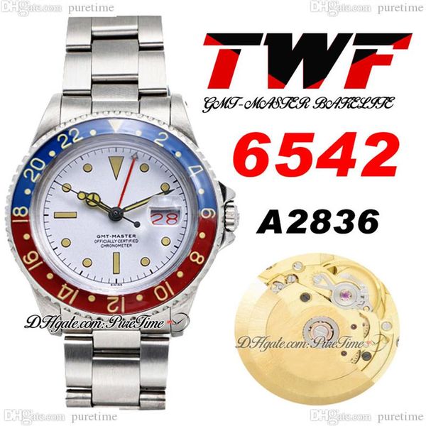 TWF 6542 Vintage GMT A2836 Relógio Automático Masculino 38mm Pepsi Bezel Branco Stick Dial Calendário Vermelho Oystersteel Aço Inoxidável Bracele289R