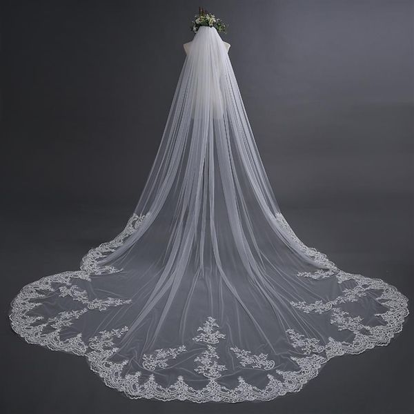 Venda de luxo imagem real véus de casamento três metros longos véus rendas apliques cristais catedral comprimento barato véu nupcial222o