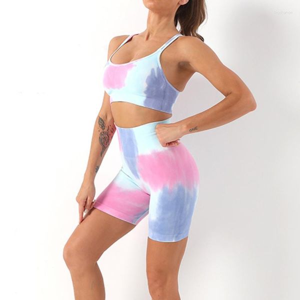 Fatos femininos tie dye yoga conjunto roupas de treino para mulheres 2 peça sem costura shorts de cintura alta com sutiã esportivo ginásio