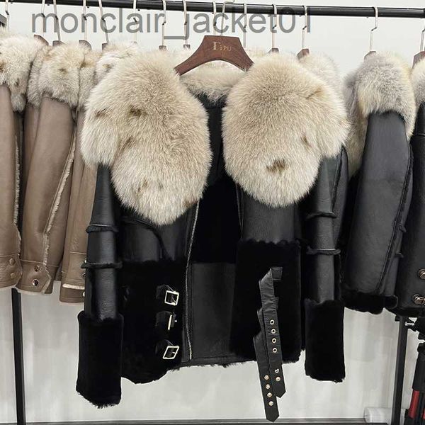 Women's Fur Faux Fur 2023 Winter Frauen Echtes Leder Jacke Echte Natürliche Merino Schafe Pelz Echt Fox Pelz Kragen Dicke Warme Oberbekleidung Weibliche mäntel J230921