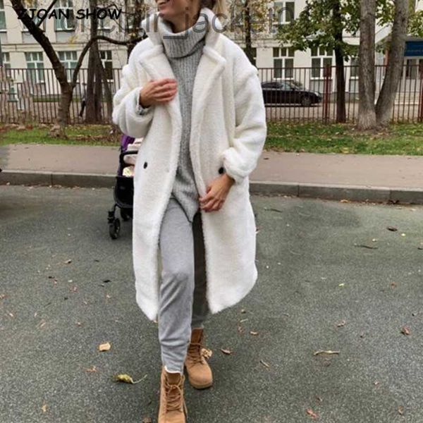 Damen Pelz Kunstpelz Winter Kerbkragen Haariger, zotteliger Kunstpelz Langer Teddymantel Elfenbein Frau Shearling Flauschige X-Long Jacken Halten Sie warme Oberbekleidung J230921