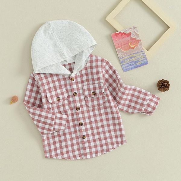 Giacche Moda Camicia scozzese con cappuccio per neonato Bambino Autunno Primavera Cappotti casual Top Manica lunga Felpa con cappuccio in flanella con bottoni