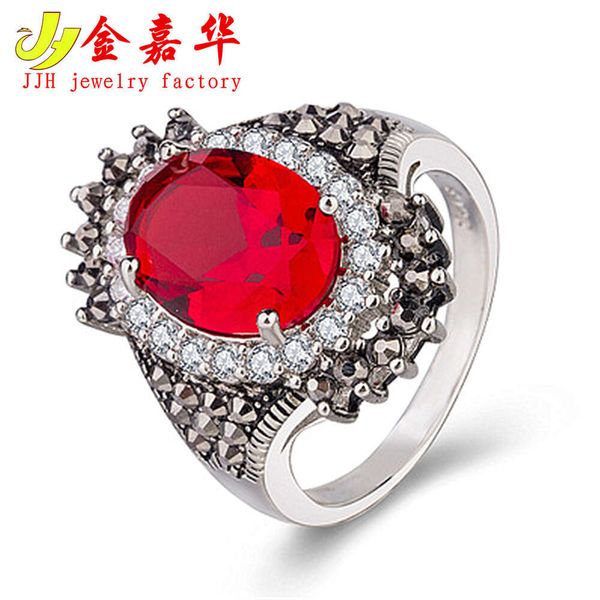 Серебряные украшения Тайское серебряное синее кольцо с красным гранатом Кольцо Ювелирные изделия преувеличенное черное минеральное кольцо