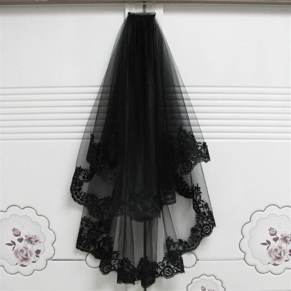 2018 novità unica splendido lato in pizzo nero seta doppio strato velo da sposa velo da sposa halloween strega copricapo velo di tulle cato253A