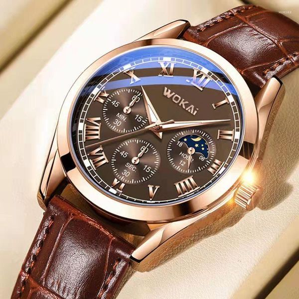 Наручные часы WOKAI, высококачественные повседневные мужские кварцевые часы с кожаным ремнем, многофункциональные светящиеся водонепроницаемые деловые спортивные часы