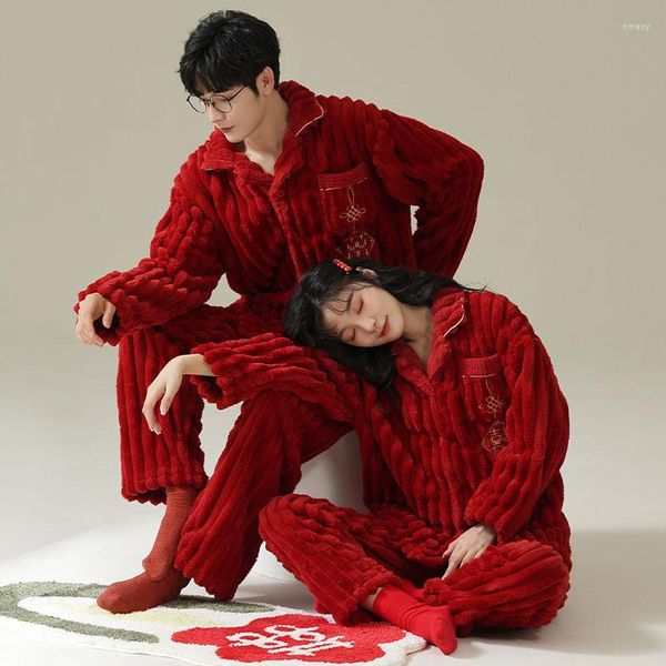 Mulheres sleepwear pijamas de natal para casal sorte grande vermelho cardigan botões homens mulheres inverno manga longa flanela sexy homewear