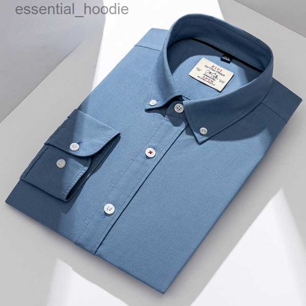 Camicie eleganti da uomo Versione coreana 100% cotone Oxford Spinning Camicia casual da uomo Manica lunga Camicia a righe scozzesi tinta unita Camicia rosa Uomo L230921