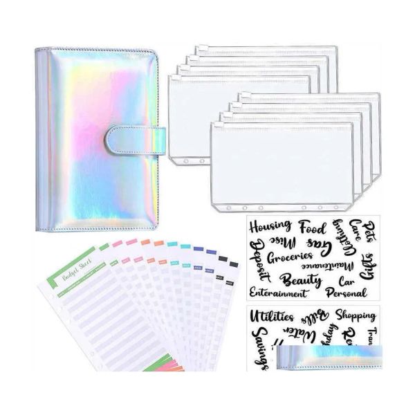 Atacado Notepads A6 Glitter Pu Couro Fichário Orçamento Envelope Planejador Organizador Sistema com Bolsos de Zíper Transparente Folhas de Despesas LL