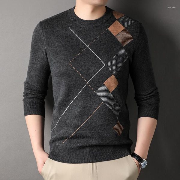 Suéter masculino marca moda malha de lã homens luxo impressão geométrica jumper outono inverno quente macio pulôver roupas