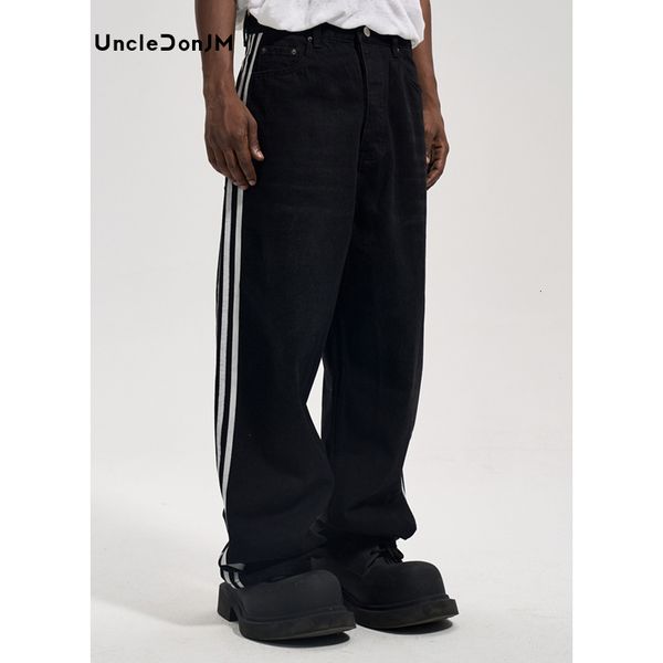 Jeans da uomo UncleDonJM banda laterale per uomo Street Wear pantaloni larghi in denim a gamba larga neri 230921