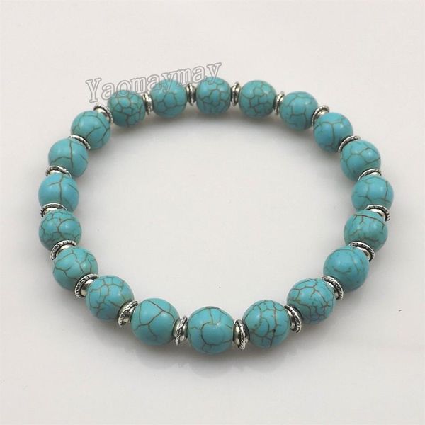 Dehnbare 8 mm türkisfarbene Perlenarmbänder mit silberfarbenen Zwischenperlen für Damen, 12 Stück 2914