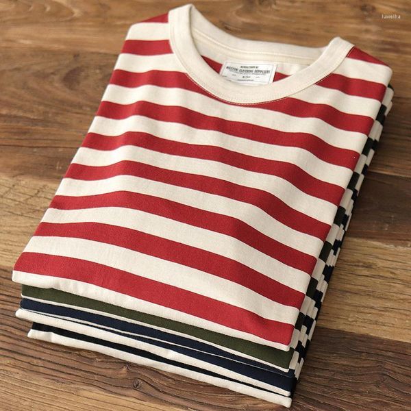 Herren T-Shirts Herumn American Retro 250g Schwergewicht O-Neck Striped T-Shirt Mode Baumwolle gewaschener lässiger loser, harter Kerl Tops