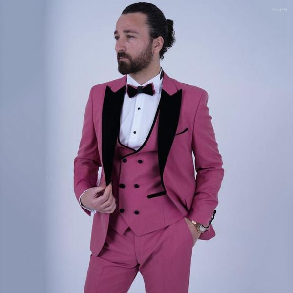Abiti da uomo Moda Rosa Uomo Slim Fit 3 Pezzi Uomo Matrimonio Sposo Indossare Smoking Giacca Gilet Pantaloni Costume Homme Mariage