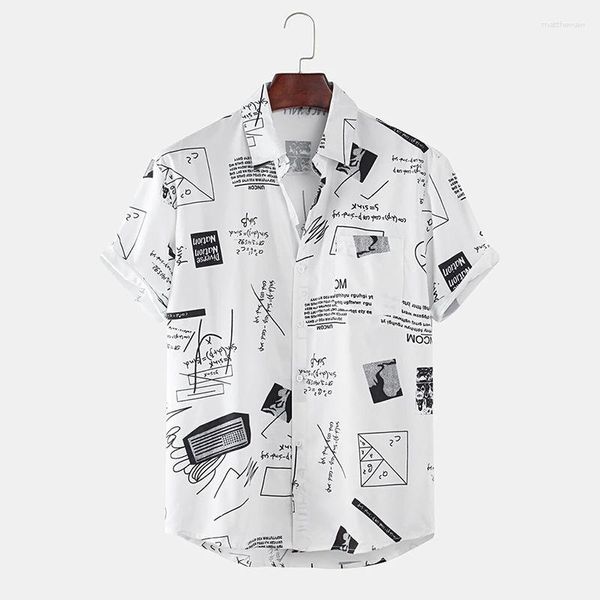 Camicie casual da uomo Hawaiano Uomo Divertente cartone animato astratto Slogan Tasca sul petto Manica corta Estate Uomo Camicetta da spiaggia Top Chemise Homme