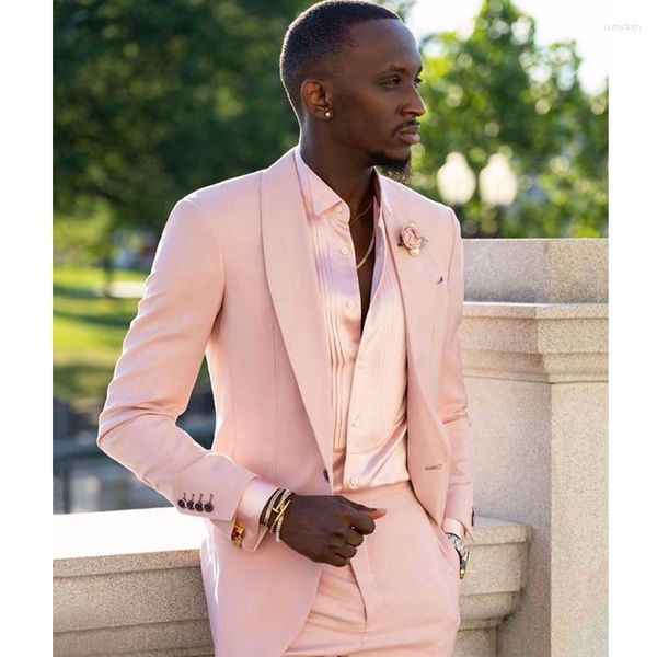 Мужские костюмы Розовый свадебный смокинг с отворотом и шалью Slim Fit 2 предмета Мужчины с курткой и брюками Африканский мужской модный костюм Последний стиль 2023