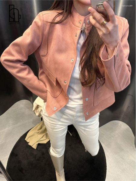 Damen Leder PU Wildleder Jacken Frauen Rosa Blau Überzogene Knopftaschen Mäntel Motorrad Stil Weiblich Herbst Modische Coole Outwears