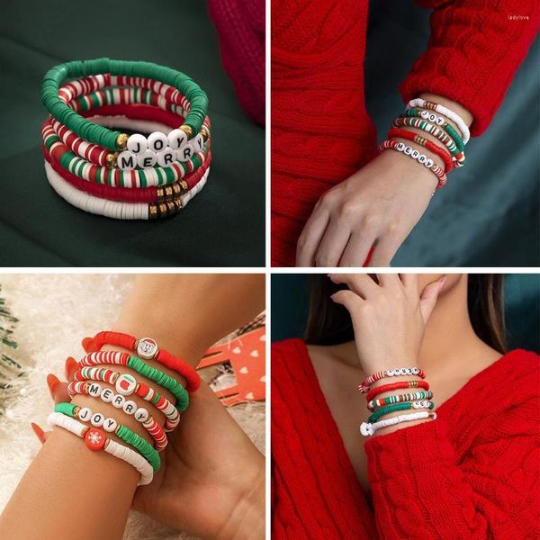 Braccialetti con ciondoli ALLYES Bracciale con perline in argilla polimerica colorata per le donne Set di corde elastiche con lettere intrecciate fatte a mano di Natale