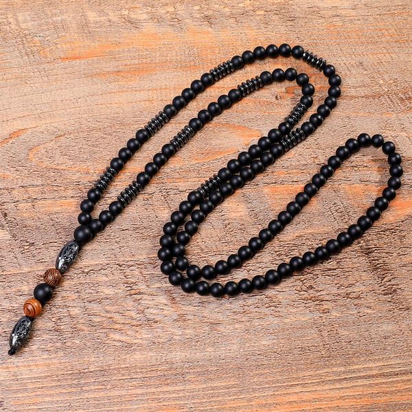 Collana con perline intagliate in ematite nera naturale Collana con perline di rosario in legno di pietra lavica nera di Buddha229M