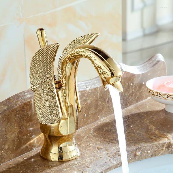 Badezimmer-Waschtischarmaturen, Schwanenform, antikes Messing, Waschbecken-Wasserhahn und kaltes Kupfer, Retro-Mischer-Wasserhahn, goldenes freies Rohr