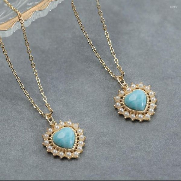 Ketten Japanische Naturstein Kleine Liebe Perle Schlüsselbein Kette Damen Gericht Retro Stil Blau Sommer Herz Anhänger Halskette