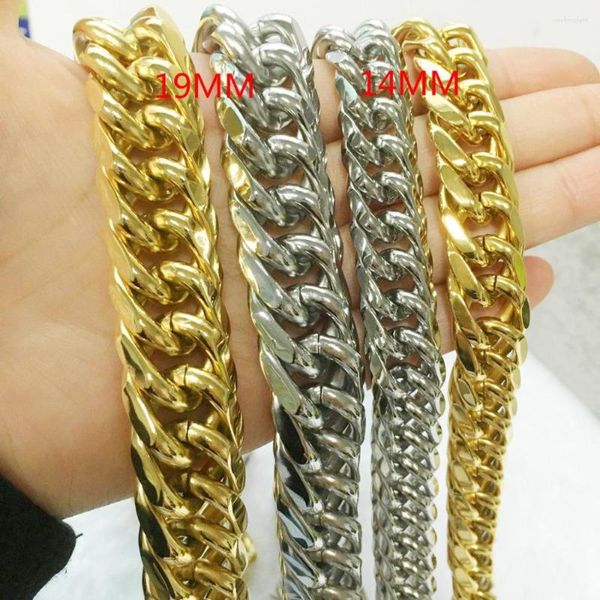 Correntes Colar Pesado Masculino / Pulseira 14/19mm Cor Prata / Cor de Ouro Cuban Curb Chain Grosso Jóias de Alta Qualidade 7-40 Polegadas Comprimento