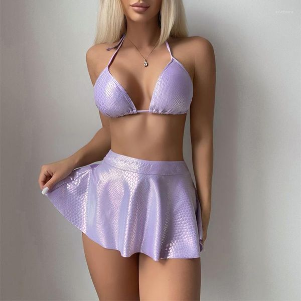 Arbeitskleider Meerjungfrau PU-Leder 3-teiliges Set Strand Urlaub Crop BH Top Sexy Tanga Faltenrock Musik Festival Karneval Club Frauen Outfits