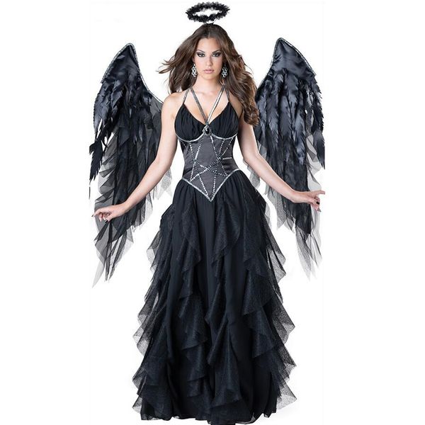 Anime-Kostüme, mehrere Karneval, Halloween, Lady Deluxe Dark Angel Kostüm, gefallene dämonische Feder, Halo-Flügel, Rollenspiel, Cosplay, ausgefallenes Partykleid