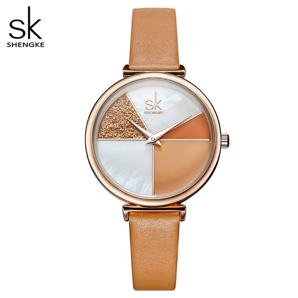 Shengke relógio feminino concha dial couro senhoras relógio japonês movimento de quartzo ultra fino fivela cinta reloj mujer montre femme256n