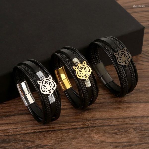 Charme pulseiras moda tigre pulseira de couro para homens aço inoxidável âncora pulseira ano presente pulseira
