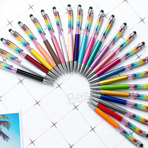 Großhandel Kristall Metall Kugelschreiber Regenbogen Student Schreiben Kugelschreiber Handy Touch Pen Diamant Geschenk Stifte Schule Bürobedarf LL