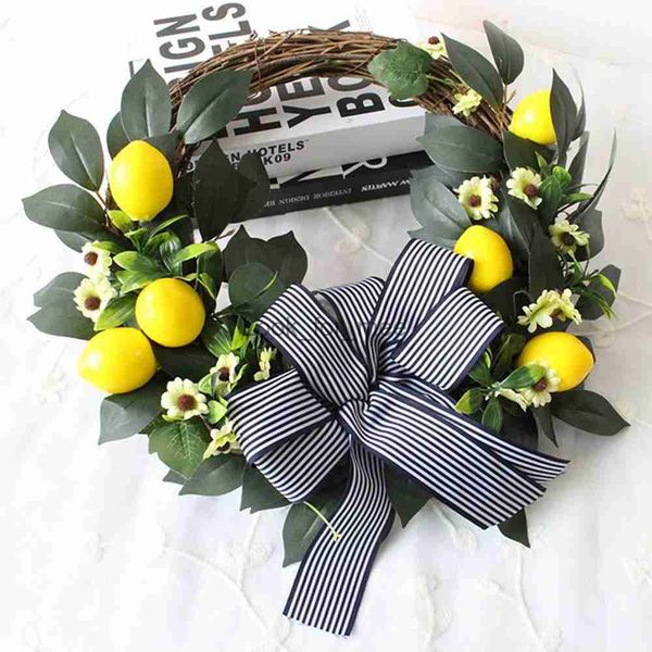 Decorações de Natal Limão Flor Artificial Guirlanda Porta Pendurada Ornamentos Grinaldas de Crisântemo Decorações de Natal para Fontes de Festa Festiva HKD230921