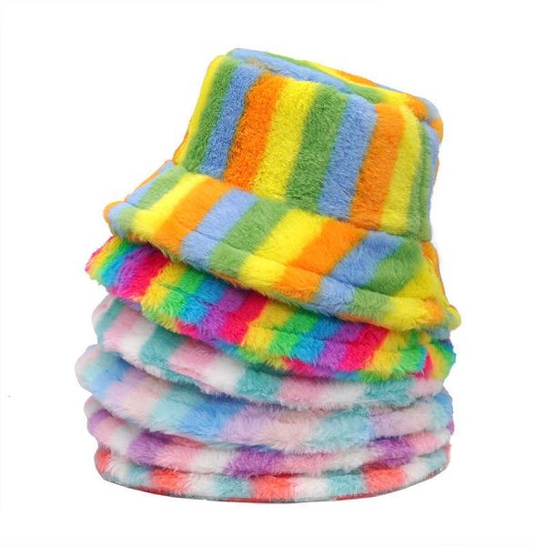 Stingy Brim Chapéus Outono Inverno Faux Fur Rainbow Listrado Womens Bucket Grosso Senhora Quente Fluffy Panamá Outdoor Velvet Pescador 230916