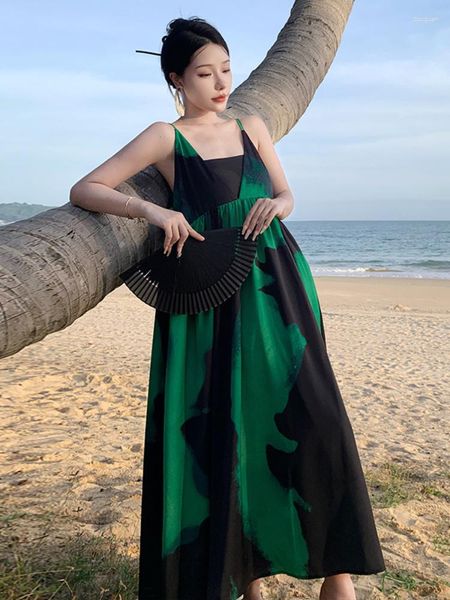 Vestidos casuais no vestido para mulheres 2023 verão impressão colarinho quadrado longo oversized verde espaguete cinta praia moda streetwear
