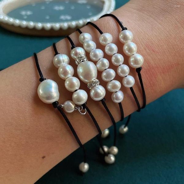 Braccialetti con ciondoli Moda semplice Vera perla d'acqua dolce naturale per le donne Bracciale di amicizia barocco con catena di corda nera Boho