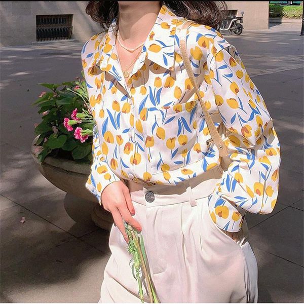 Camicette da donna 2023 camicia ampia autunno primavera tulipano stampato per donna top in chiffon a maniche lunghe abbigliamento basic femminile
