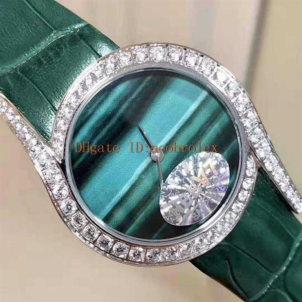 Nova mulher diamante relógio limão luz senhoras relógio suíço quartzo 18k platina 316l caixa de aço diamante moldura safira couro verde str211h