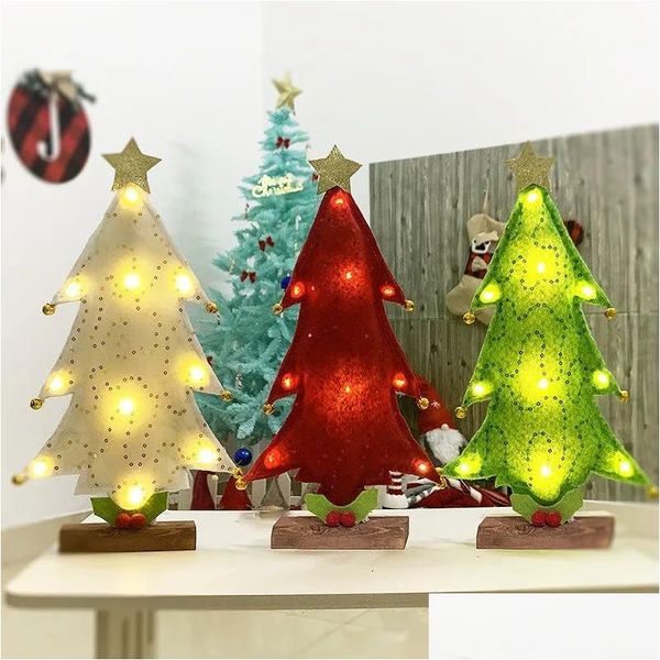 Decorazioni natalizie Albero a LED Decorazione da tavolo Rosso Verde Bianco Oro Panno con paillettes Batteria da tavolo per Natale Capodanno Consegna a domicilio Dhliz